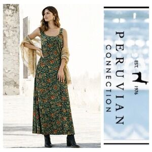 Peruvian Connection Green Floral Maxi Dress with Rust Accents